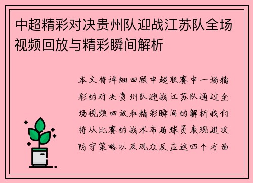 中超精彩对决贵州队迎战江苏队全场视频回放与精彩瞬间解析