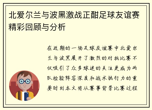 北爱尔兰与波黑激战正酣足球友谊赛精彩回顾与分析
